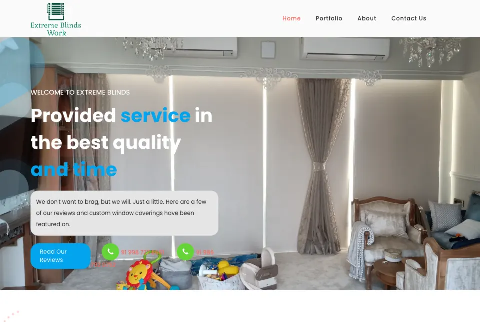 Extreme Blinds homepage with an installed curtain and blinds