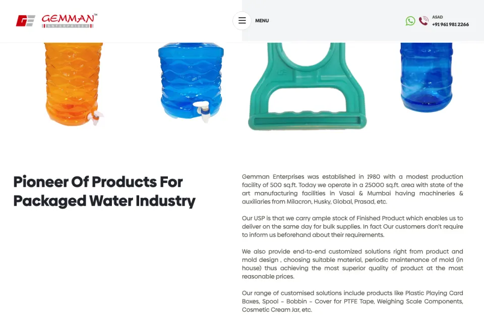 Gemman Enterprises homepage showing packaged water industry products