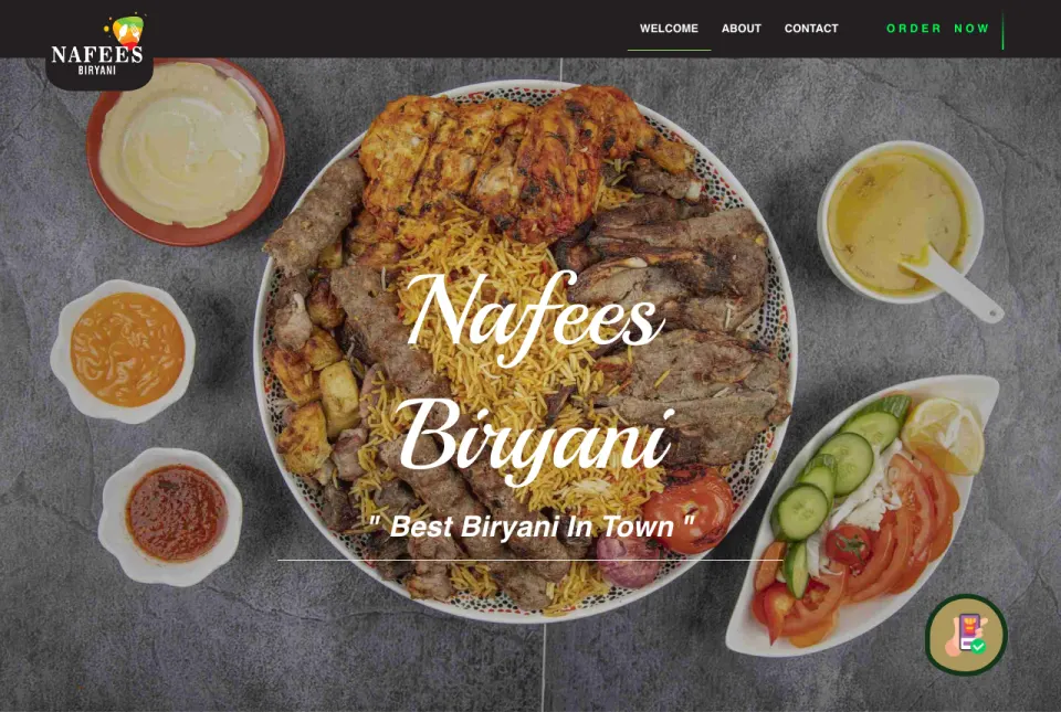 Nafees Biryani homepage with a biryani platter